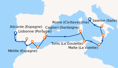 Itinéraire de la croisière Rome (Civitavecchia), Salerne (Italie), Sicil...