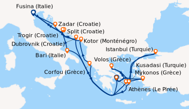 Itinéraire de la croisière Athènes (Le Pirée), Volos (Grèce), Mykonos (G...
