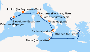 Itinéraire de la croisière Athènes (Le Pirée), En mer, Malte (La Valette...