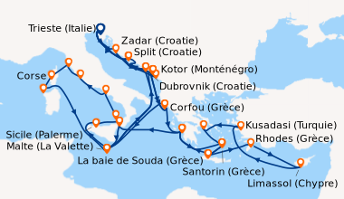 Itinéraire de la croisière Trieste (Italie), Split (Croatie), Kotor (Mon...