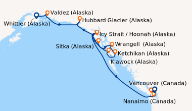 Itinéraire de la croisière Whittier (Alaska), Valdez (Alaska), Hubbard G...