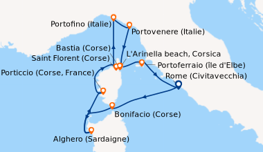 Itinéraire de la croisière Rome (Civitavecchia), Bonifacio (Corse), Algh...