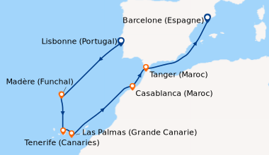 Itinéraire de la croisière Lisbonne (Portugal), En mer, Madère (Funchal)...