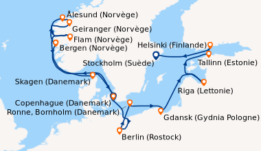 Itinéraire de la croisière Copenhague (Danemark), En mer, Bergen (Norvèg...