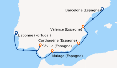 Itinéraire de la croisière Barcelone (Espagne), Valence (Espagne), Carth...
