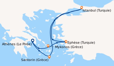 Itinéraire de la croisière Athènes (Le Pirée), Santorin (Grèce), En mer,...