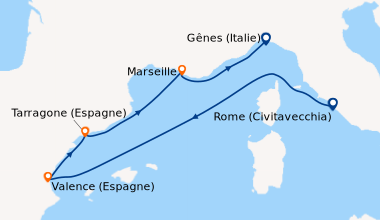 Itinéraire de la croisière Rome (Civitavecchia), En mer, Valence (Espagn...