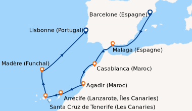 Itinéraire de la croisière Barcelone (Espagne), En mer, Malaga (Espagne)...
