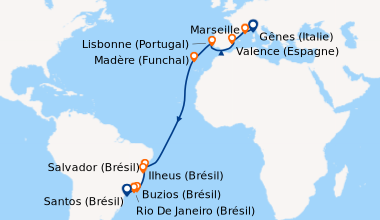 Itinéraire de la croisière Gênes (Italie), Marseille, Valence (Espagne),...