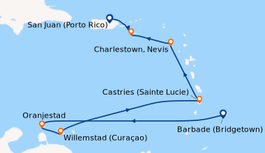 Itinéraire de la croisière Barbade (Bridgetown), En mer, Aruba (Petites ...