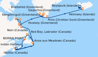 Itinéraire de la croisière Reykjavik (Islande), Heimaey (Islande), Heima...