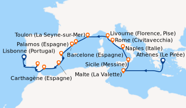 Itinéraire de la croisière Athènes (Le Pirée), En mer, Malte (La Valette...