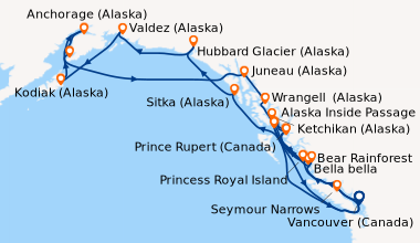 Itinéraire de la croisière Vancouver (Canada), Bella bella, Alaska Insid...