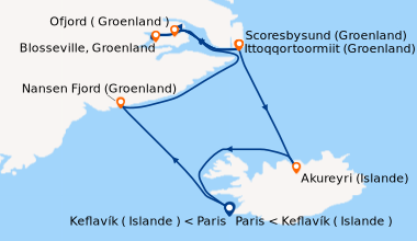 Itinéraire de la croisière Éclipse totale du soleil dans le Nord-Est du Groenland, à bord de l’Heritage Discoverer