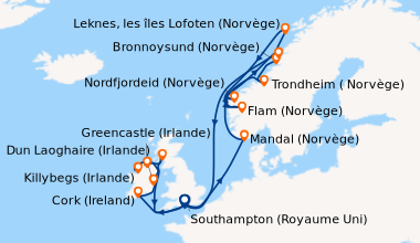Itinéraire de la croisière Southampton (Royaume Uni) , En mer, Cork (Ire...