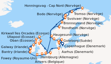 Itinéraire de la croisière Copenhague (Danemark), Goteborg (Suède), Aarh...