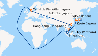Itinéraire de la croisière Tokyo (Japon), En mer, Kyoto (japon), En mer,...