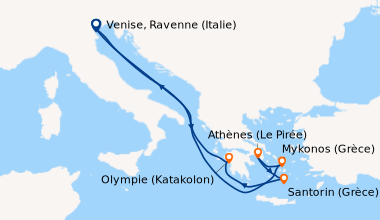 Itinéraire de la croisière Venise, Ravenne (Italie), En mer, Mykonos (Gr...