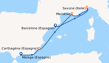 Itinéraire de la croisière Espagne, France, Italie