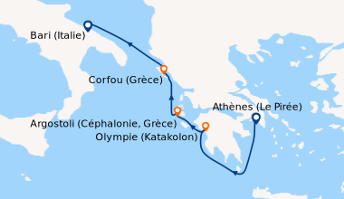 Itinéraire de la croisière Athènes (Le Pirée), Olympie (Katakolon), Argo...