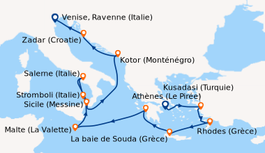 Itinéraire de la croisière Athènes (Le Pirée), Kusadasi (Turquie), Rhode...