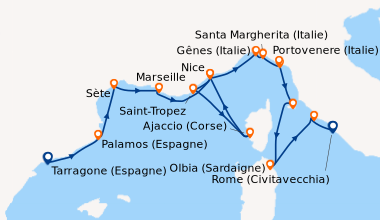 Itinéraire de la croisière Tarragone (Espagne), Palamos (Espagne), Sète,...
