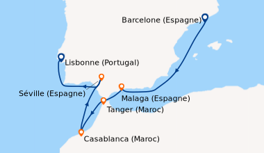 Itinéraire de la croisière Barcelone (Espagne), En mer, Malaga (Espagne)...