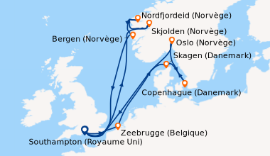 Itinéraire de la croisière Southampton (Royaume Uni) , En mer, Skjolden ...