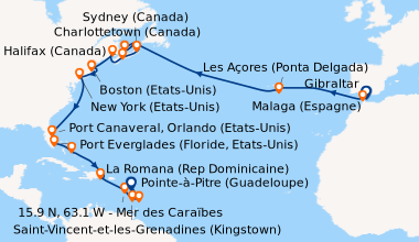 Itinéraire de la croisière Espagne, Gibraltar, Açores, Canada, États-Unis, Floride (USA), Rép.Dominicaine, Antilles