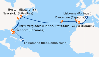 Itinéraire de la croisière Rép.Dominicaine, Bahamas, Floride (USA), États-Unis, Açores, Portugal, Espagne