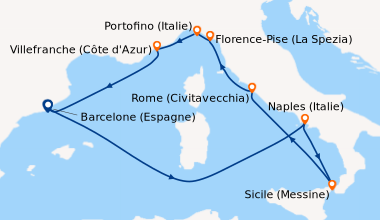 Itinéraire de la croisière Barcelone (Espagne), En mer, Capri (Italie), ...
