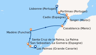 Itinéraire de la croisière Îles volcaniques et cités historiques de l’Atlantique Nord