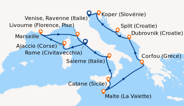 Itinéraire de la croisière Rome (Civitavecchia), Ajaccio (Corse), Marsei...