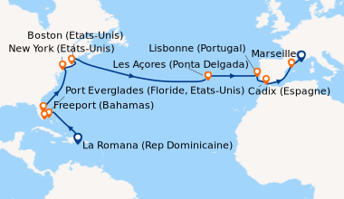 Itinéraire de la croisière Rép.Dominicaine, Bahamas, Floride (USA), États-Unis, Açores, Portugal, Espagne, France