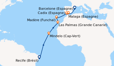 Itinéraire de la croisière Brésil, Cap Vert, Canaries, Madère, Espagne