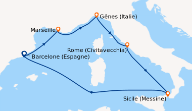 Itinéraire de la croisière Barcelone (Espagne), Marseille, Gênes (Italie...