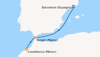 Itinéraire de la croisière Barcelone (Espagne), En mer, Tanger (Maroc), ...