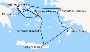 Itinéraire de la croisière Athènes (Le Pirée), Kusadasi (Turquie), Rhode...