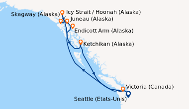Itinéraire de la croisière Seattle (Etats-Unis), En mer, Juneau (Alaska)...