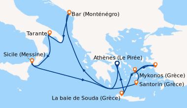 Itinéraire de la croisière Athènes (Le Pirée), En mer, Bar (Monténégro),...