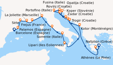 Itinéraire de la croisière Barcelone (Espagne), Palamos (Espagne), Sète,...