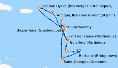 Itinéraire de la croisière Barbade (Bridgetown), Port Elizabeth (Bequia,...