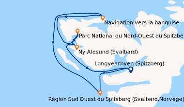 Itinéraire de la croisière Fjords et glaciers du Spitzberg