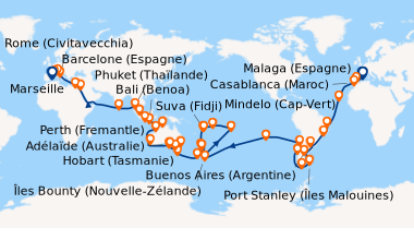 Itinéraire de la croisière Barcelone (Espagne), En mer, Malaga (Espagne)...