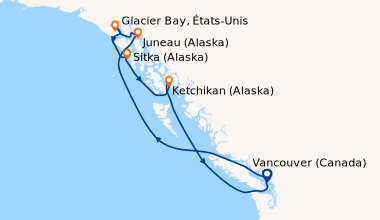 Itinéraire de la croisière Vancouver (Canada), En mer, Juneau (Alaska), ...