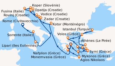 Itinéraire de la croisière Athènes (Le Pirée), Monemvasia (Grèce), Agios...
