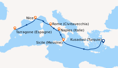 Itinéraire de la croisière Kusadasi (Turquie), Sicile (Messine), Naples ...