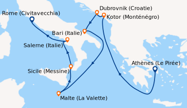 Itinéraire de la croisière Athènes (Le Pirée), En mer, Kotor (Monténégro...