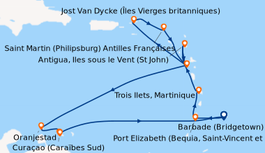 Itinéraire de la croisière Barbade (Bridgetown), Port Elizabeth (Bequia,...