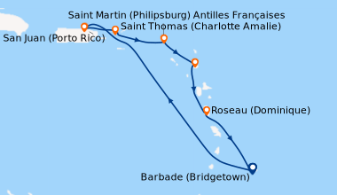 Itinéraire de la croisière Barbade (Bridgetown), En mer, San Juan (Porto...